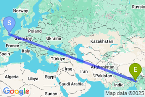 Map of the flight from London City to Shillong