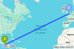 Map of the flight from London Gatwick to Quetzaltenango