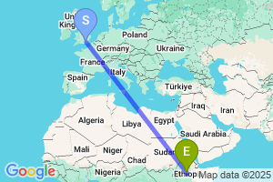 Map of the flight from London Gatwick to Addis Ababa