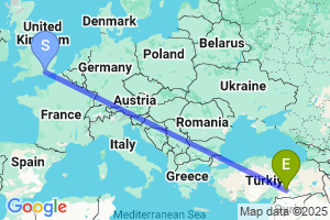 Map of the flight from London Gatwick to Adiyaman