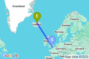 Map of the flight from London Gatwick to Akureyri