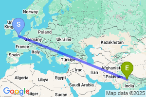 Map of the flight from London Gatwick to Agra