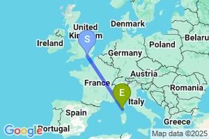 Map of the flight from London Gatwick to Ajaccio