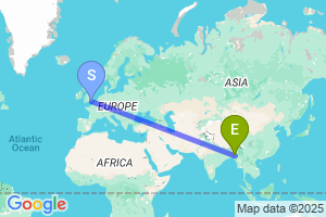 Map of the flight from London Gatwick to Aizawl