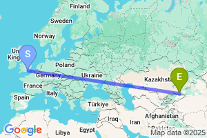 Map of the flight from London Gatwick to Almaty