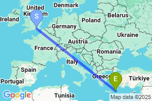 Map of the flight from London Gatwick to Karpathos