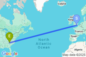 Map of the flight from London Gatwick to Asheville