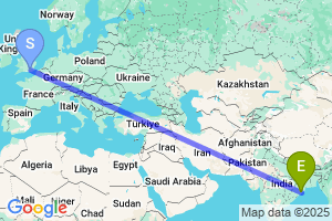 Map of the flight from London Gatwick to Bhubaneswar