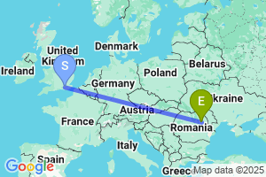 Map of the flight from London Gatwick to Bacau