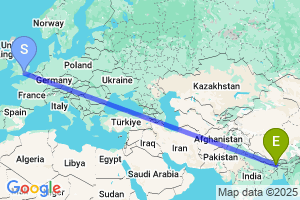 Map of the flight from London Gatwick to Bhadrapur