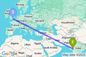 Map of the flight from London Gatwick to Vadodara