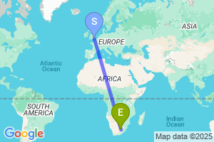 Map of the flight from London Gatwick to Bloemfontein