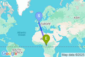 Map of the flight from London Gatwick to Bangui