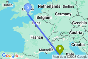 Map of the flight from London Gatwick to Bastia - Corsica