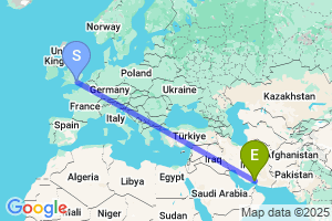 Map of the flight from London Gatwick to Bandar Abbas