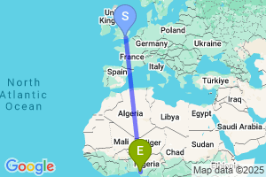 Map of the flight from London Gatwick to Benin City