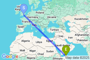 Map of the flight from London Gatwick to Bossaso