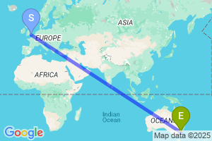 Map of the flight from London Gatwick to Canberra