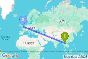 Map of the flight from London Gatwick to Chiang Rai