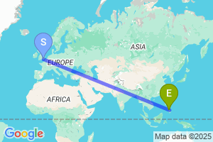 Map of the flight from London Gatwick to Camiguin