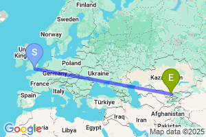 Map of the flight from London Gatwick to Shimkent