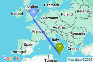 Map of the flight from London Gatwick to Comiso