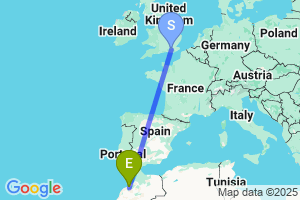 Map of the flight from London Gatwick to Casablanca Mohamed V.