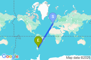 Map of the flight from London Gatwick to Comodoro Rivadavia