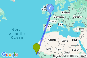 Map of the flight from London Gatwick to Cap Skirring