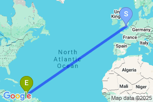 Map of the flight from London Gatwick to Curacao
