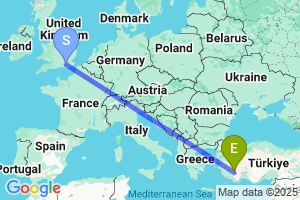 Map of the flight from London Gatwick to Denizli Cardak