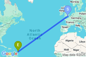 Map of the flight from London Gatwick to Dominica Melville Hall