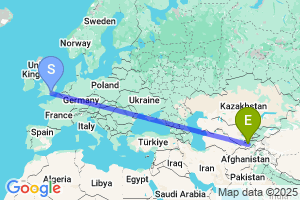 Map of the flight from London Gatwick to Dushanbe