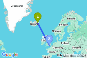 Map of the flight from London Gatwick to Egilsstadir