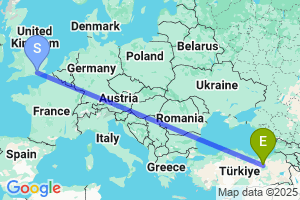 Map of the flight from London Gatwick to Erzincan