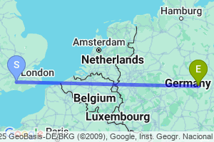 Map of the flight from London Gatwick to Erfurt