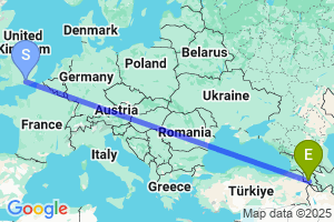 Map of the flight from London Gatwick to Yerevan