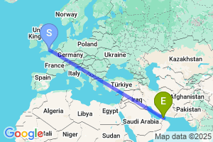 Map of the flight from London Gatwick to Al-Fujairah