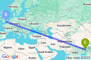 Map of the flight from London Gatwick to Guwahati