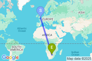 Map of the flight from London Gatwick to Gaborone