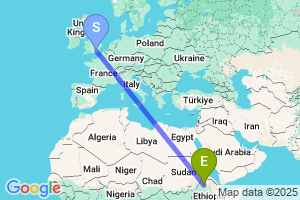 Map of the flight from London Gatwick to Gondar