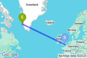 Map of the flight from London Gatwick to Nuuk