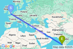 Map of the flight from London Gatwick to Goa