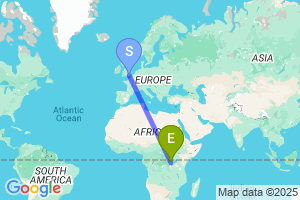 Map of the flight from London Gatwick to Goma