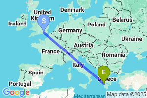 Map of the flight from London Gatwick to Araxos