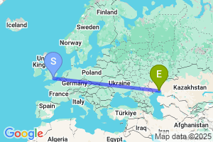 Map of the flight from London Gatwick to Atyrau