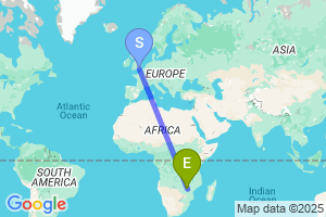 Map of the flight from London Gatwick to Harare