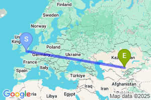 Map of the flight from London Gatwick to Turkestan