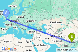 Map of the flight from London Gatwick to Bagdogra