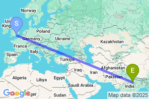 Map of the flight from London Gatwick to Prayagraj